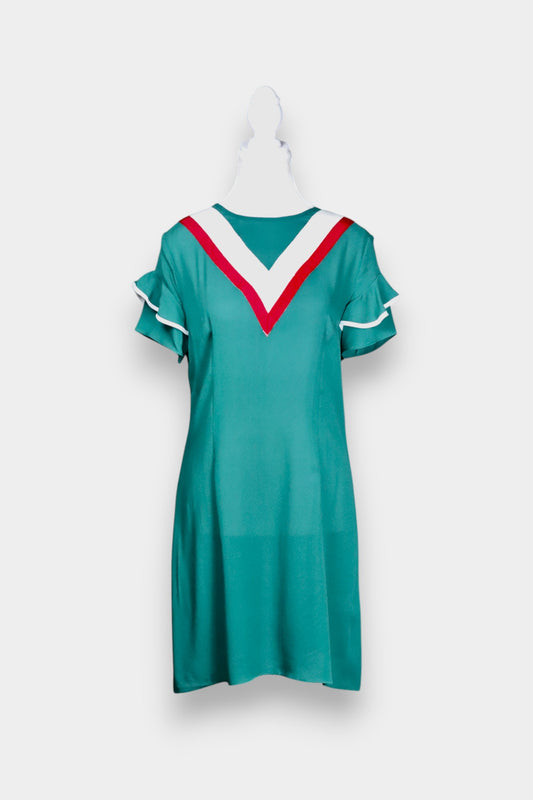 Silk Mini Dress with Contrast V-Trim and Ruffle Sleeves