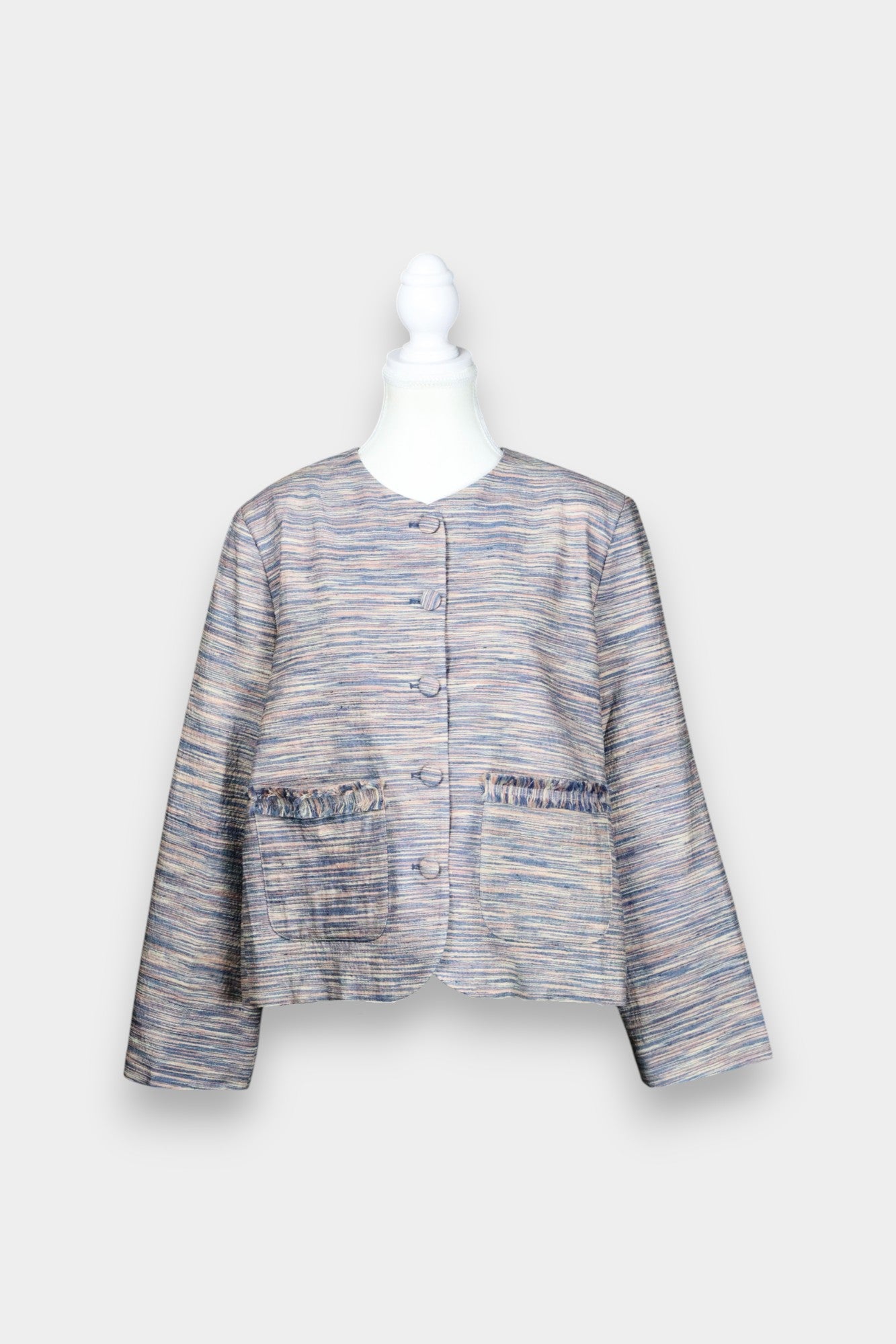 Tussah Silk Tweed-Style Jacket | Collarless Fringe Trim Blazer