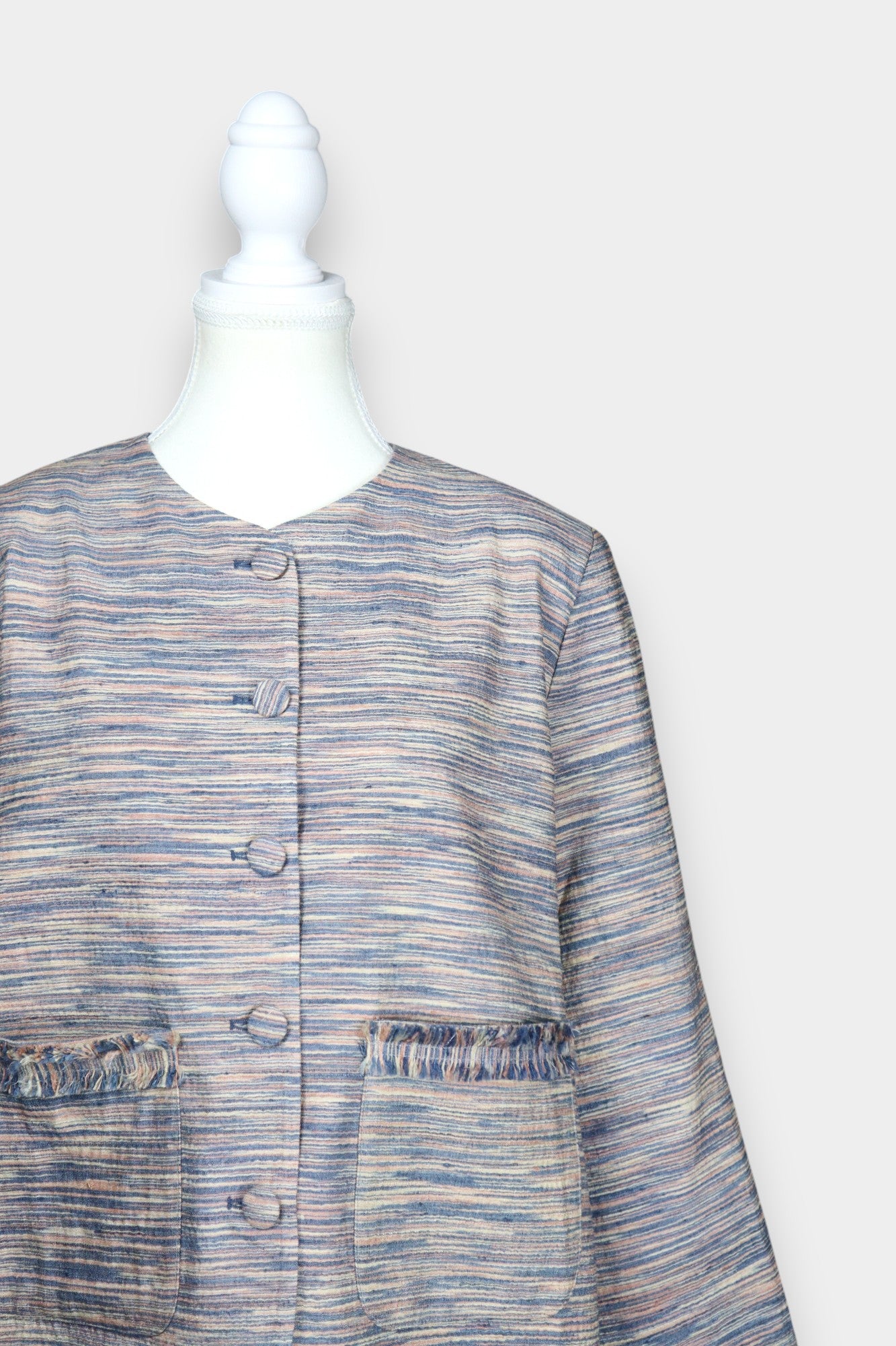 Tussah Silk Tweed-Style Jacket | Collarless Fringe Trim Blazer