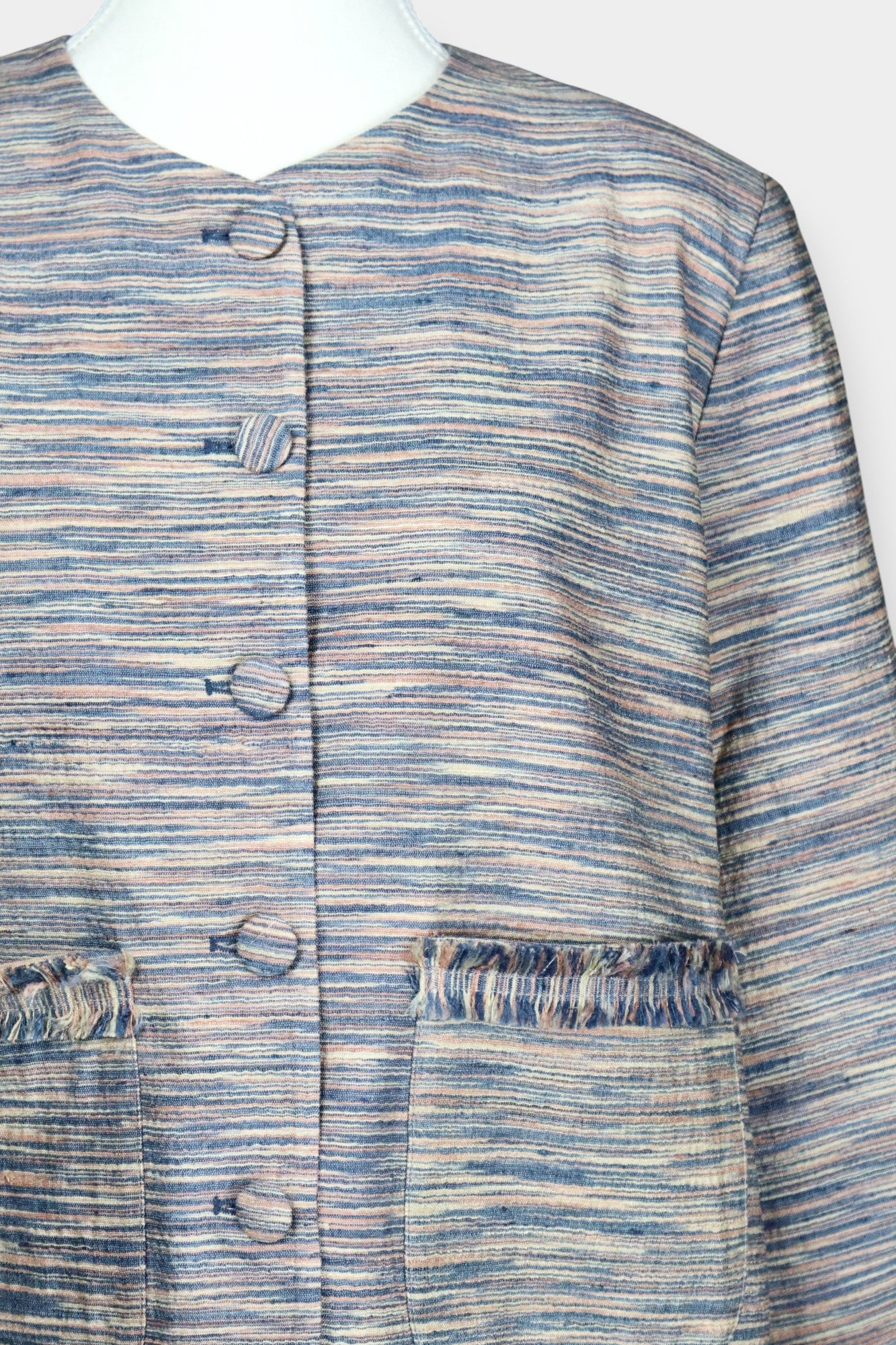 Tussah Silk Tweed-Style Jacket | Collarless Fringe Trim Blazer