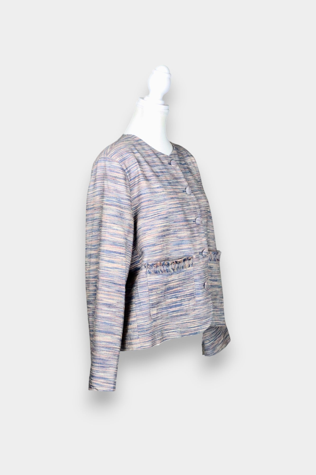 Tussah Silk Tweed-Style Jacket | Collarless Fringe Trim Blazer