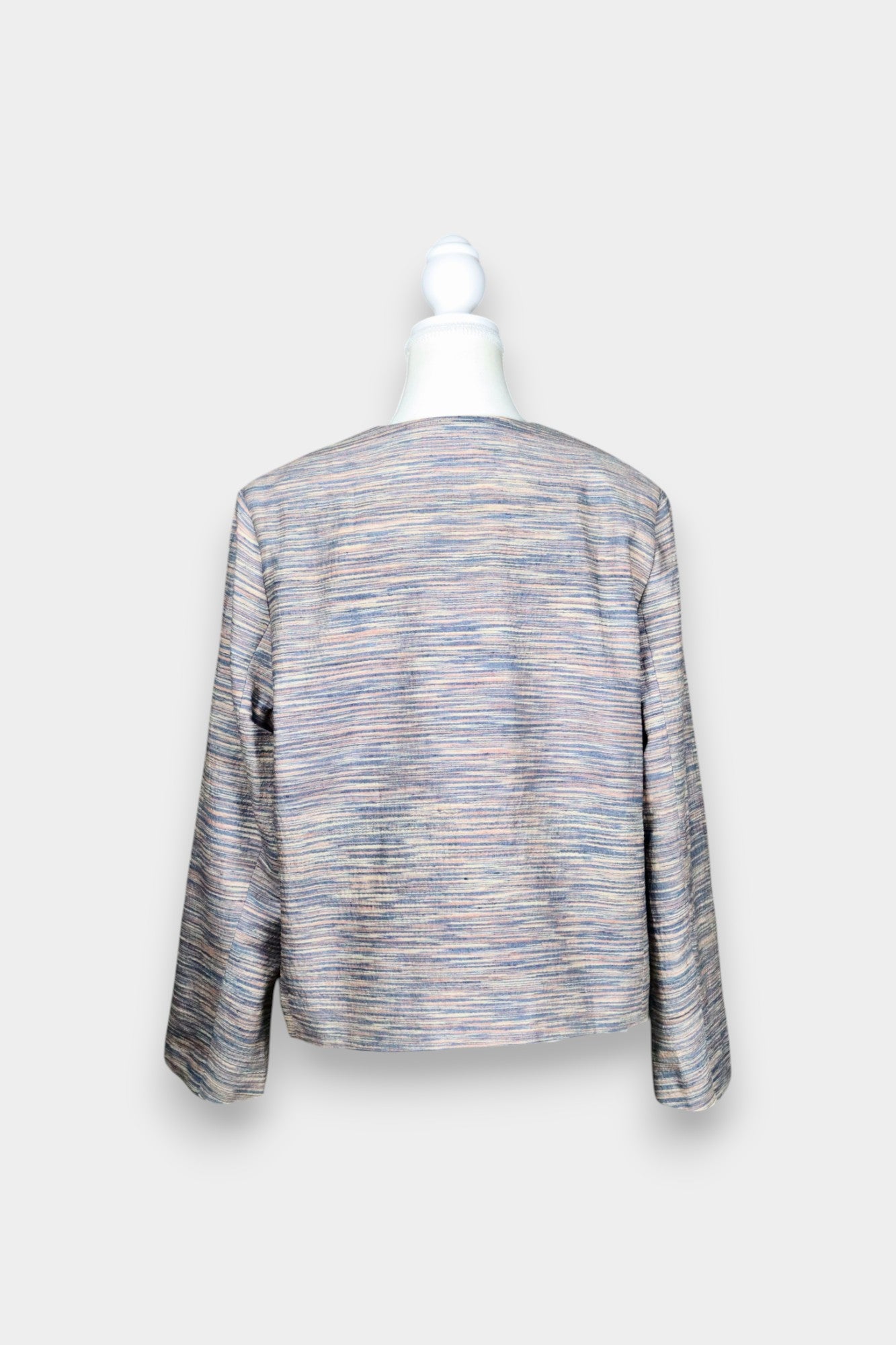 Tussah Silk Tweed-Style Jacket | Collarless Fringe Trim Blazer