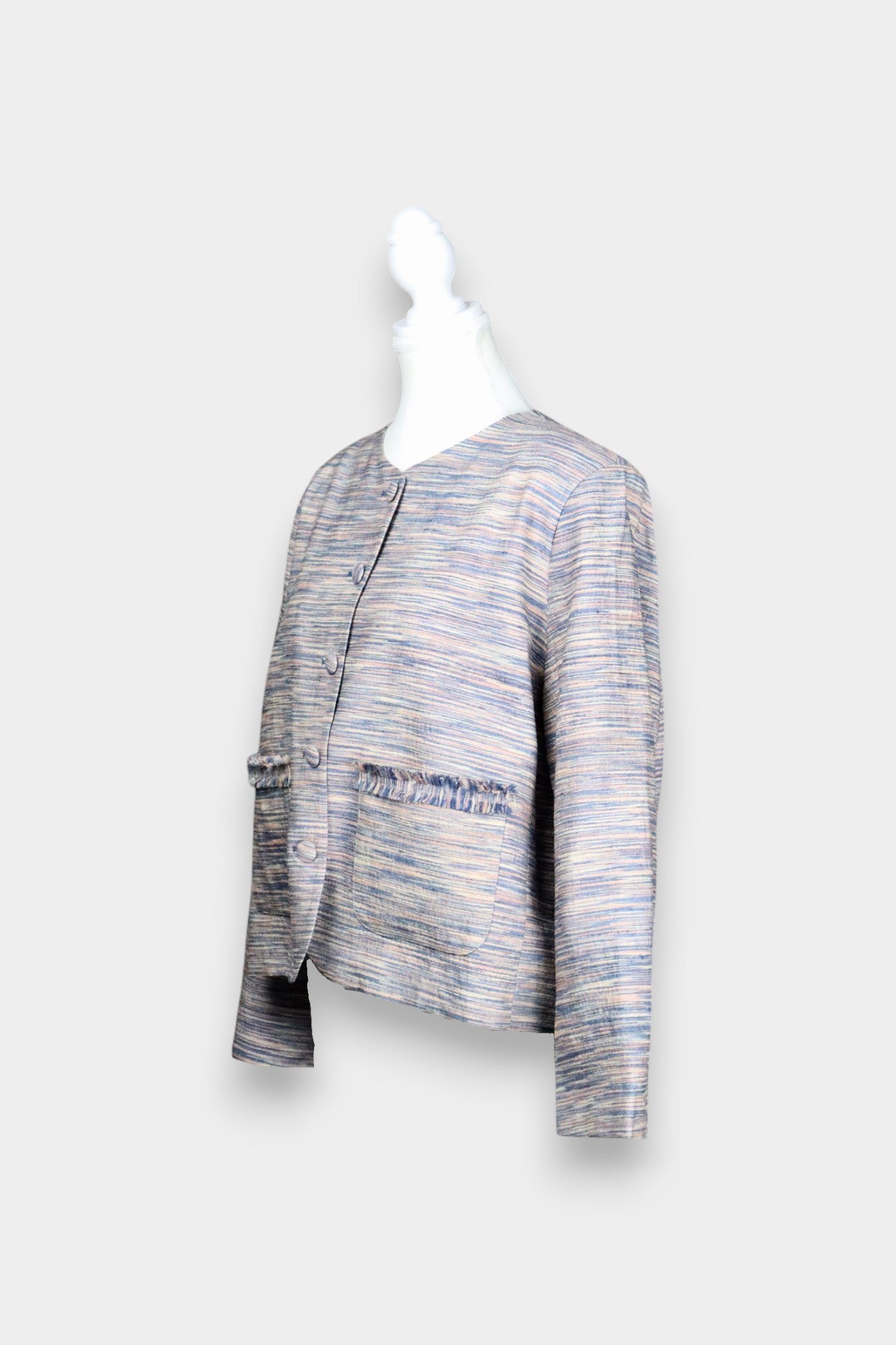 Tussah Silk Tweed-Style Jacket | Collarless Fringe Trim Blazer