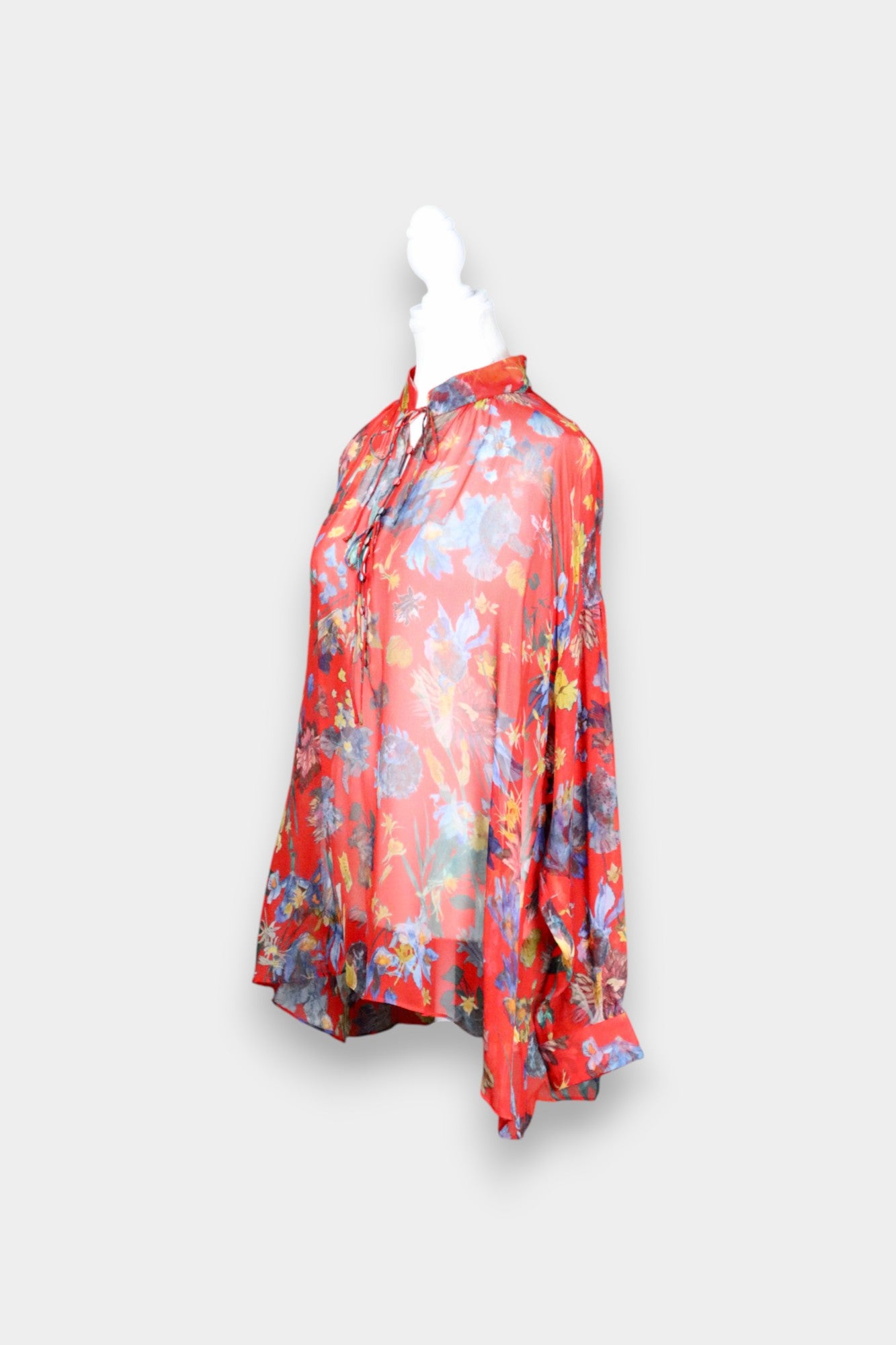 Sheer Silk Chiffon Blouse with Floral Print in Red
