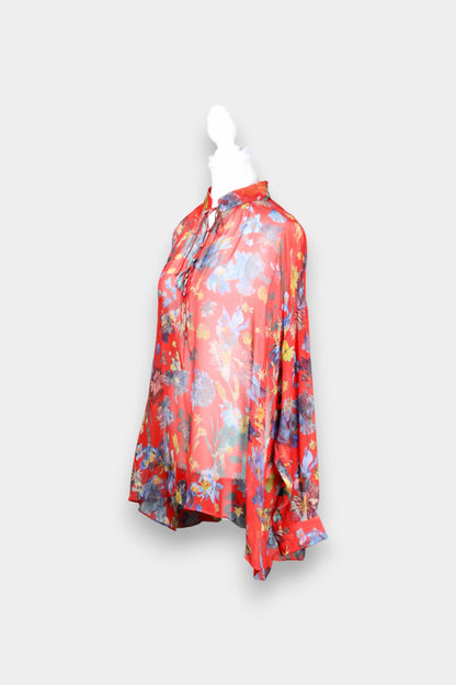 Mulberry Silk Sheer Floral Tie-Neck Blouse