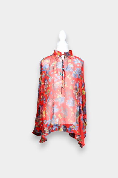 Mulberry Silk Sheer Floral Tie-Neck Blouse