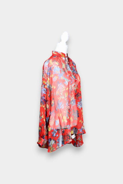 Mulberry Silk Sheer Floral Tie-Neck Blouse