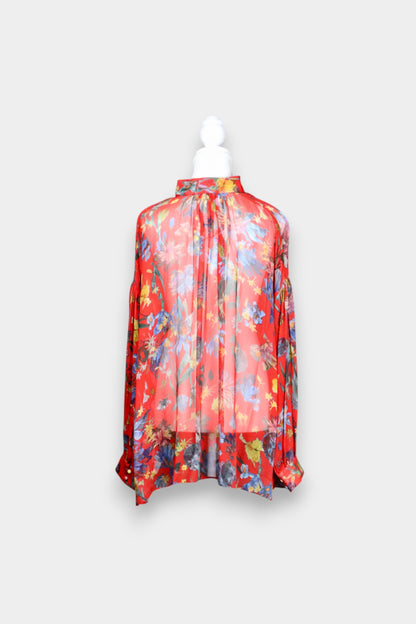 Mulberry Silk Sheer Floral Tie-Neck Blouse