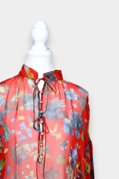 Mulberry Silk Sheer Floral Tie-Neck Blouse