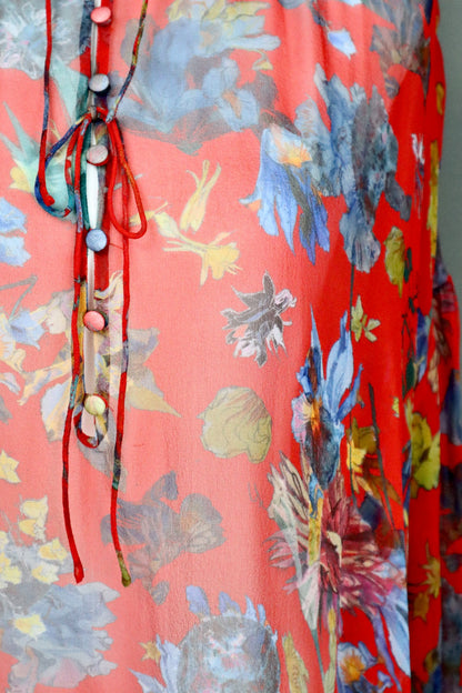 Mulberry Silk Sheer Floral Tie-Neck Blouse