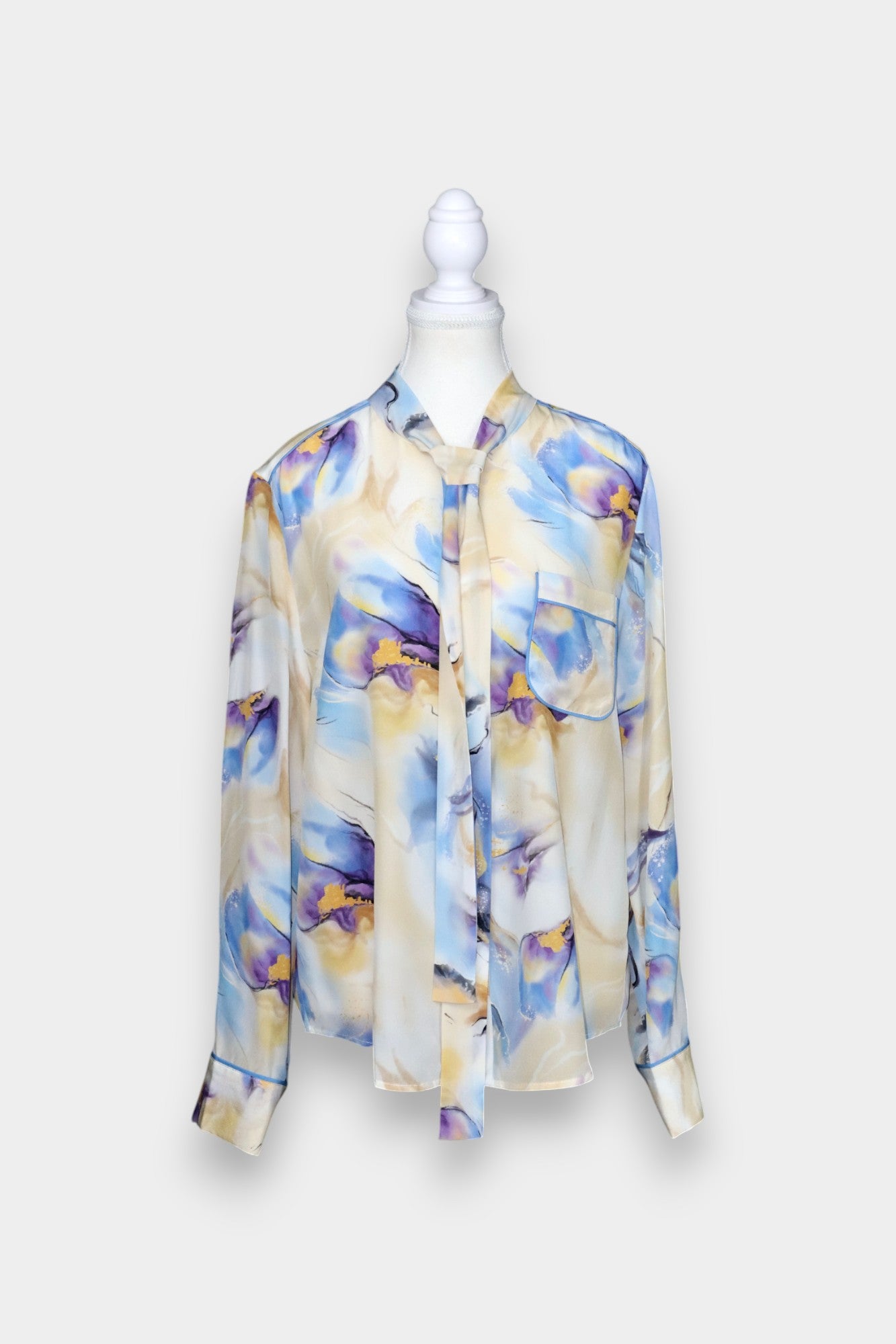 Silk Blouse with Scarf Tie Neck | Watercolour Print