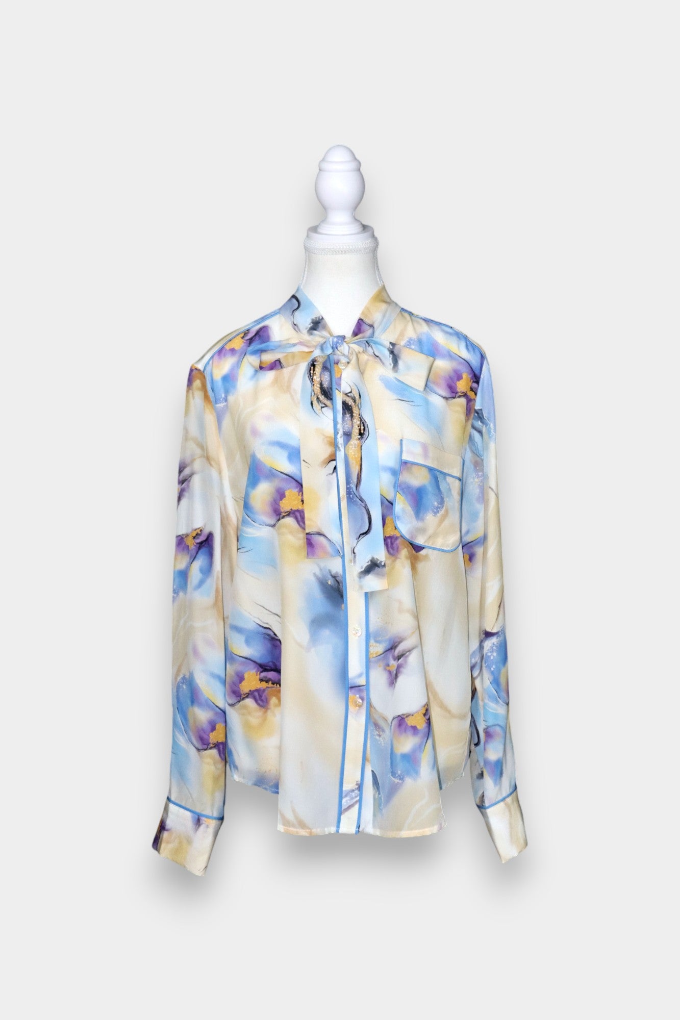 Silk Blouse with Scarf Tie Neck | Watercolour Print