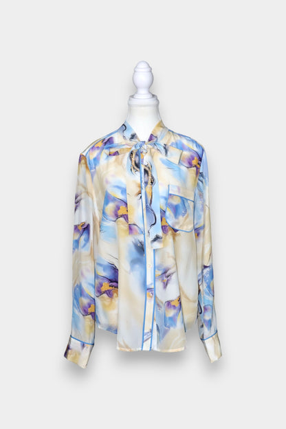 Mulberry Silk Abstract Print Tie-Neck Blouse
