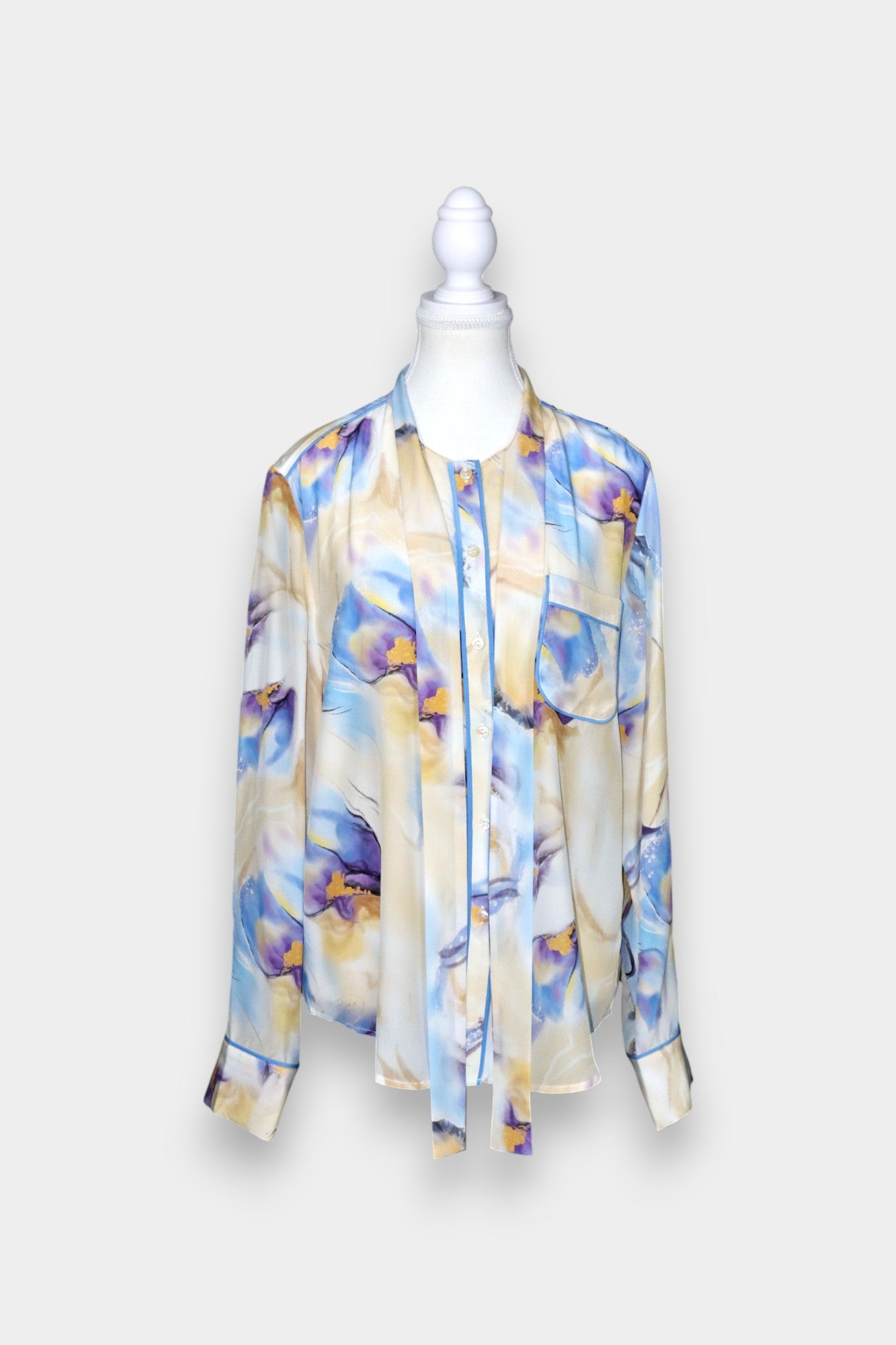 Silk Blouse with Scarf Tie Neck | Watercolour Print