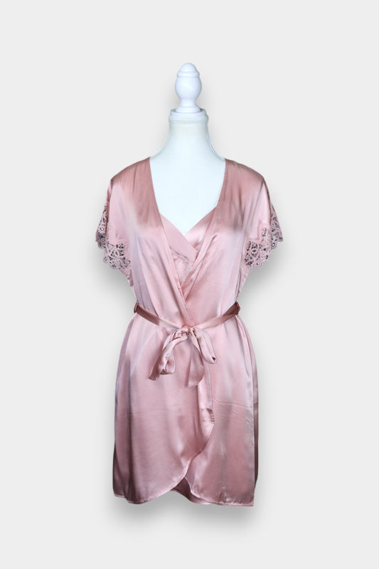 Silk Satin Loungewear Set | Lace Trim Camisole & Robe in Dusty Pink