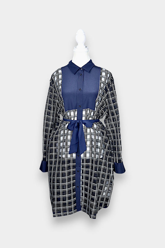 Sheer Mulberry Silk Shirt Dress | Navy Check with Contrast Panels