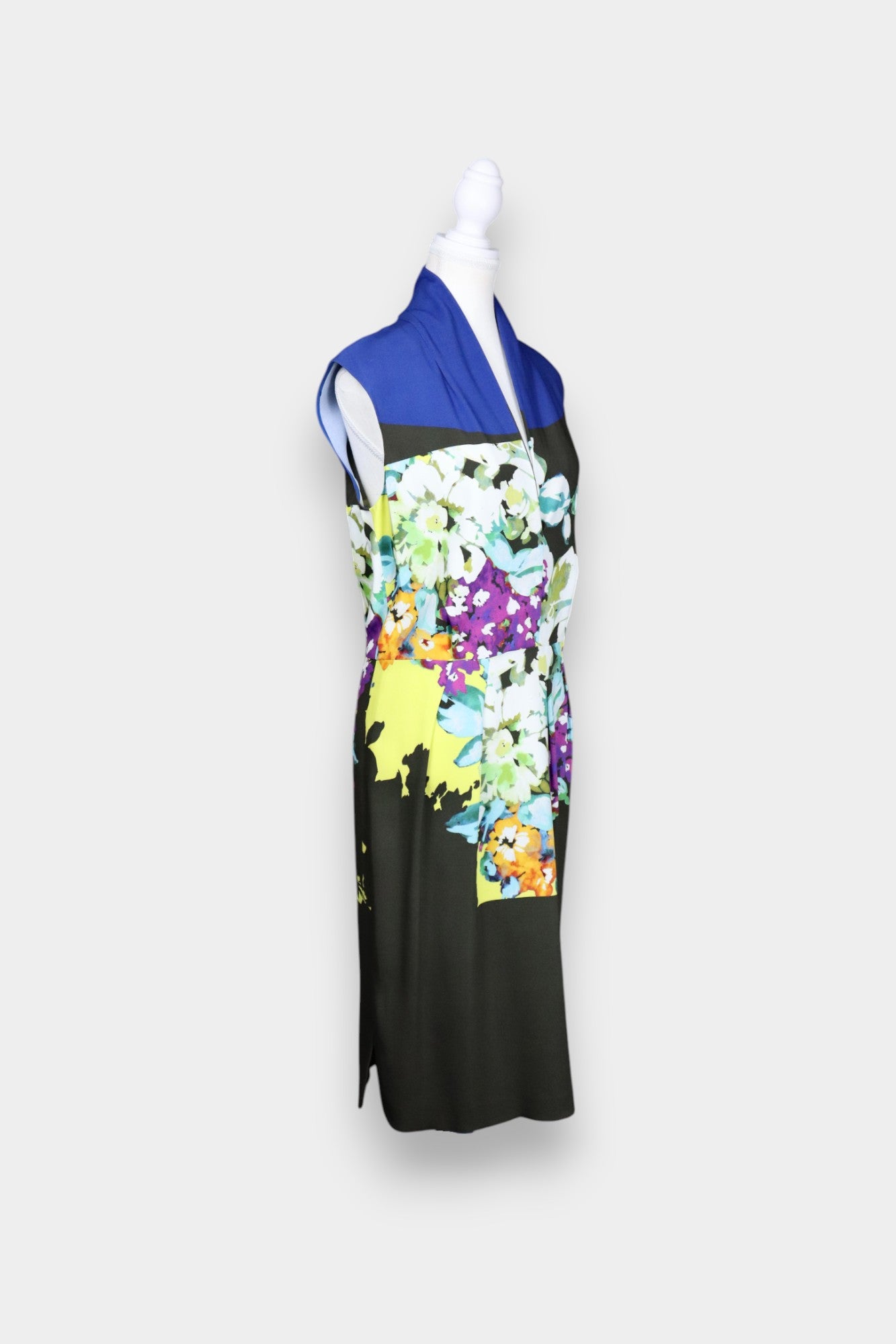 Silk Colour Block Midi Dress with Bold Floral Print