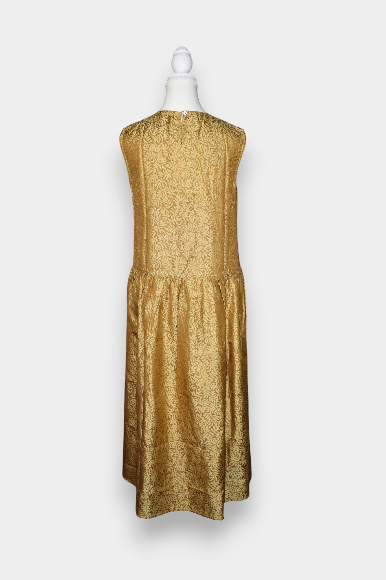 Handcrafted Jacquard Silk Drop-Waist Dress in Luminous Gold