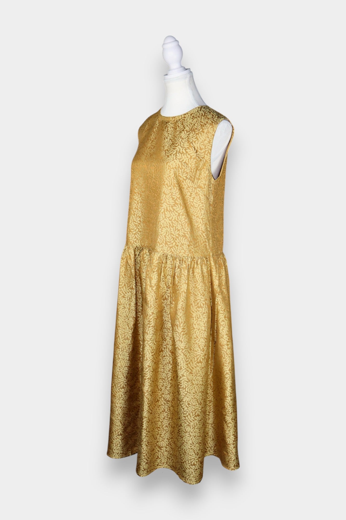 Handcrafted Jacquard Silk Drop-Waist Dress in Luminous Gold