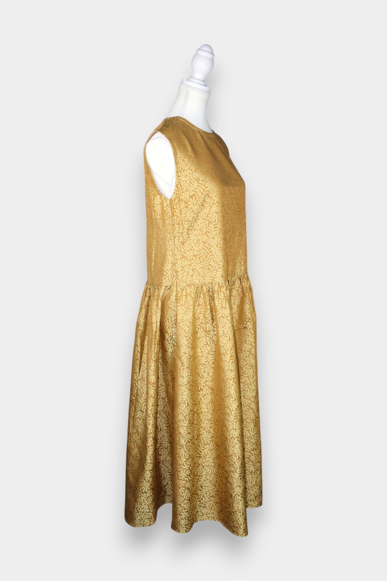 Handcrafted Jacquard Silk Drop-Waist Dress in Luminous Gold