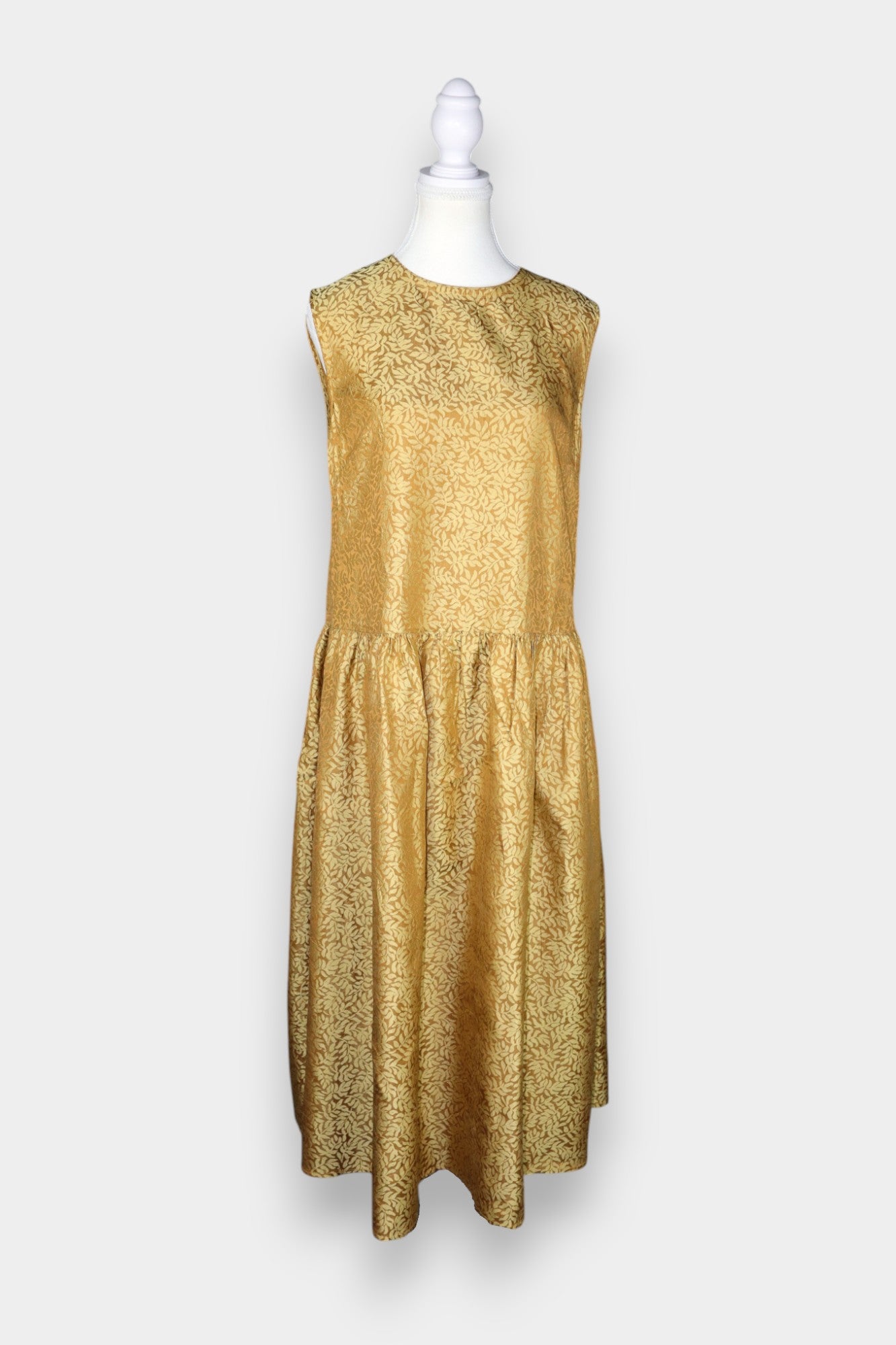 Handcrafted Jacquard Silk Drop-Waist Dress in Luminous Gold