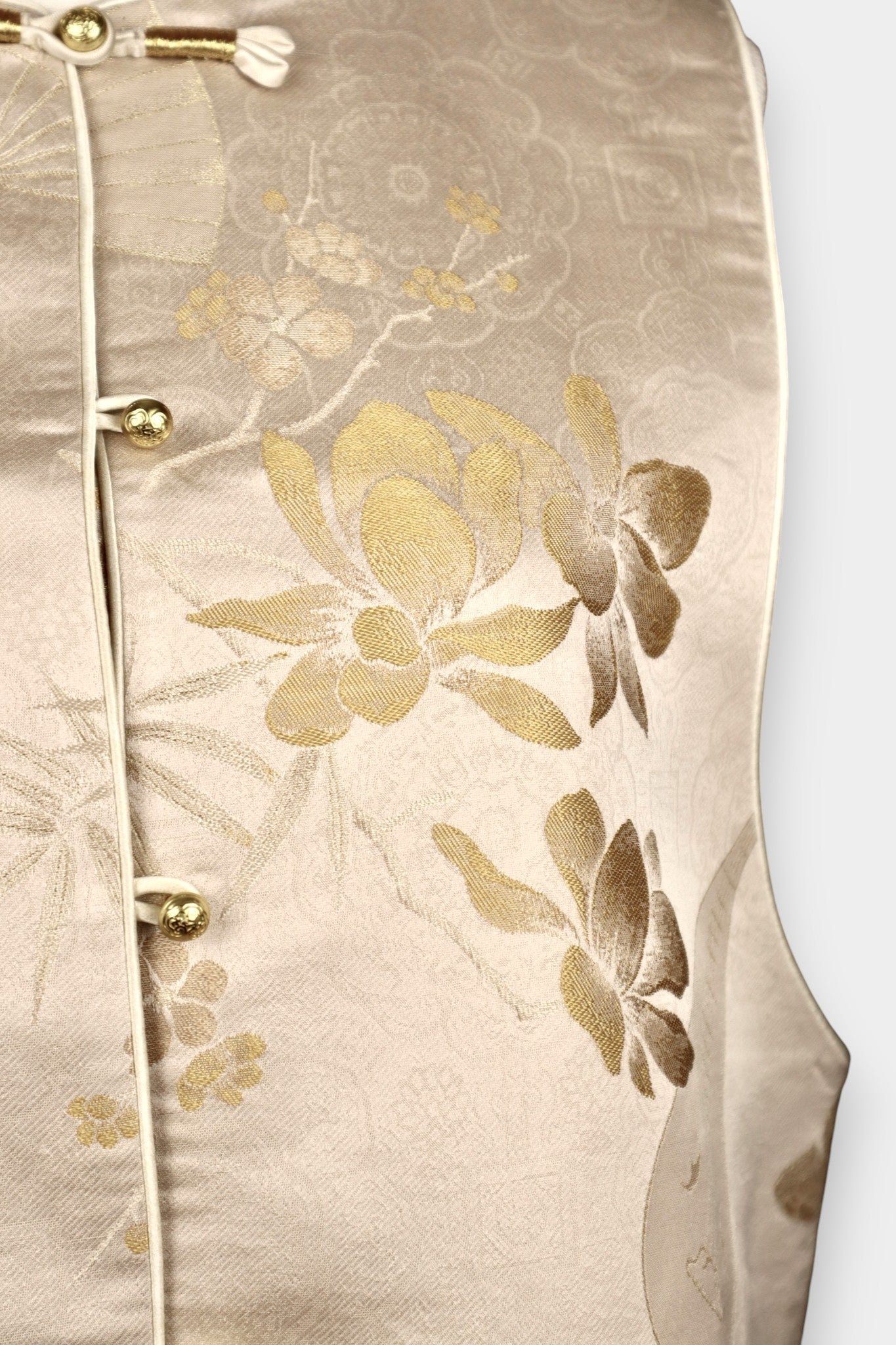 Handcrafted Champagne Song Dynasty Brocade Silk Vest | Butterfly Floral Jacquard