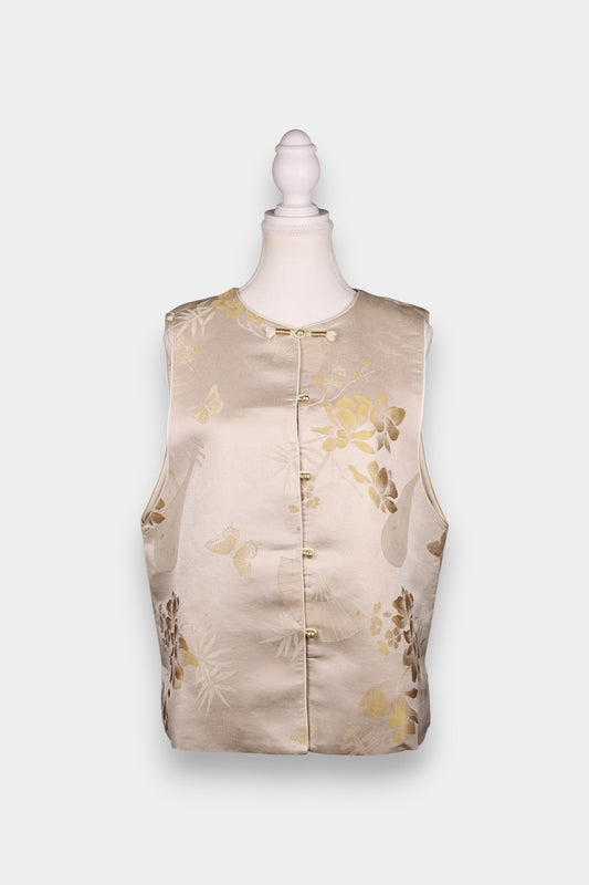 Handcrafted Champagne Song Dynasty Brocade Silk Vest | Butterfly Floral Jacquard
