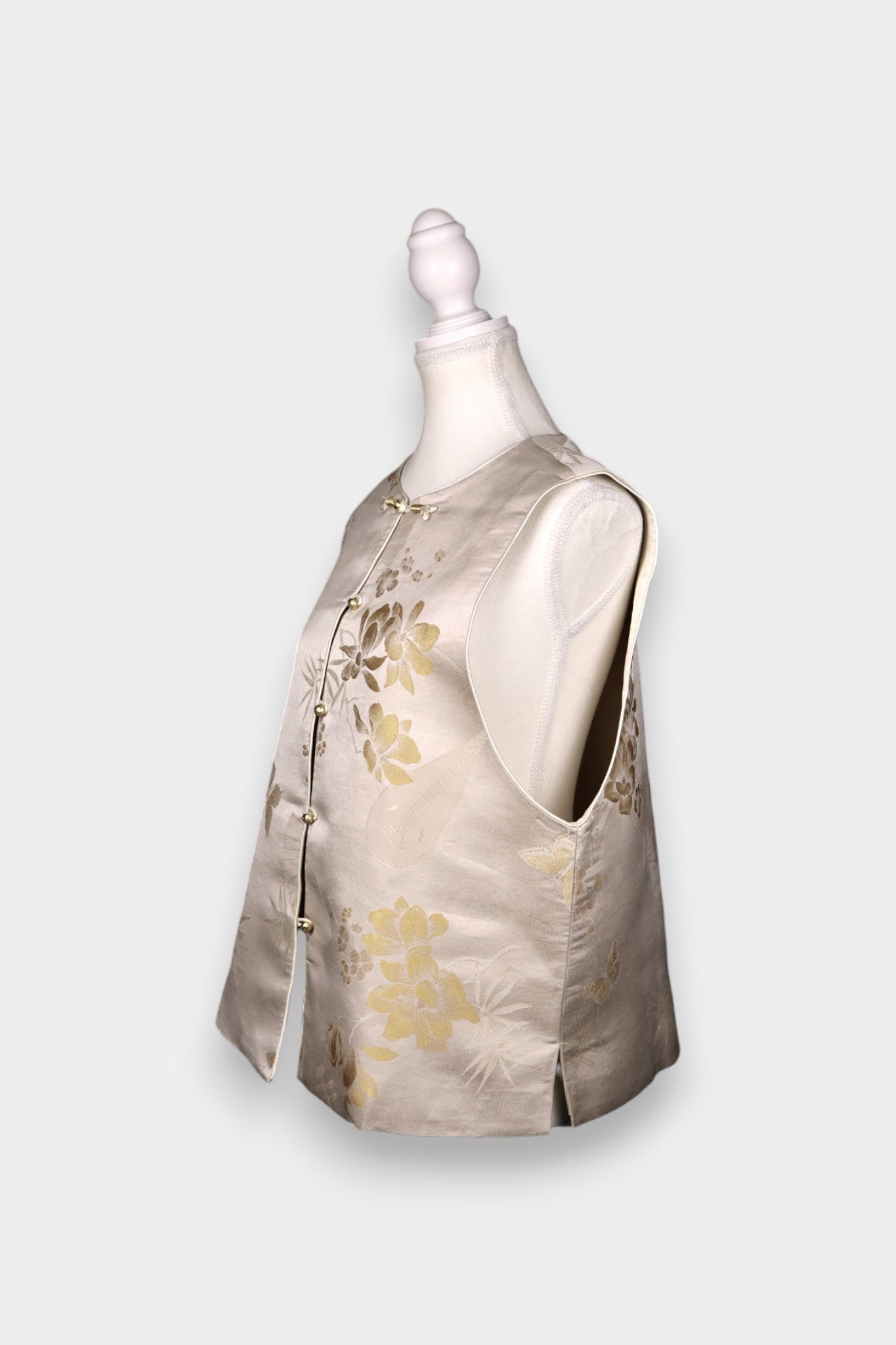 Handcrafted Champagne Song Dynasty Brocade Silk Vest | Butterfly Floral Jacquard
