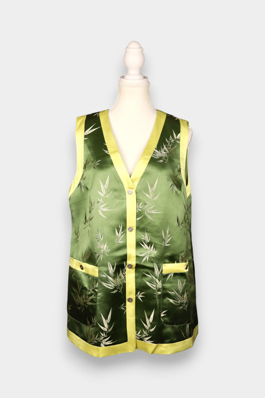 Handmade Song Dynasty Brocade Silk Vest | Green Bamboo Jacquard with Contrast Trim
