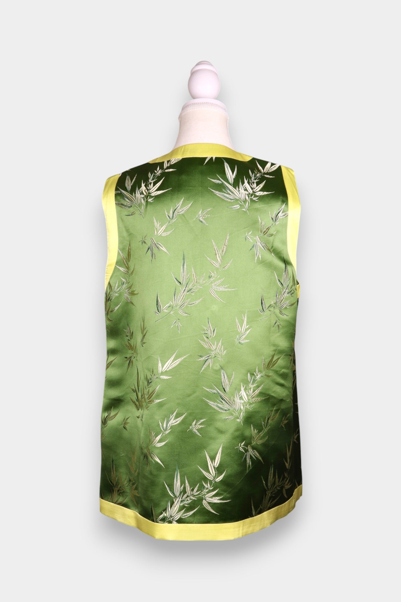 Handmade Song Dynasty Brocade Silk Vest | Green Bamboo Jacquard with Contrast Trim