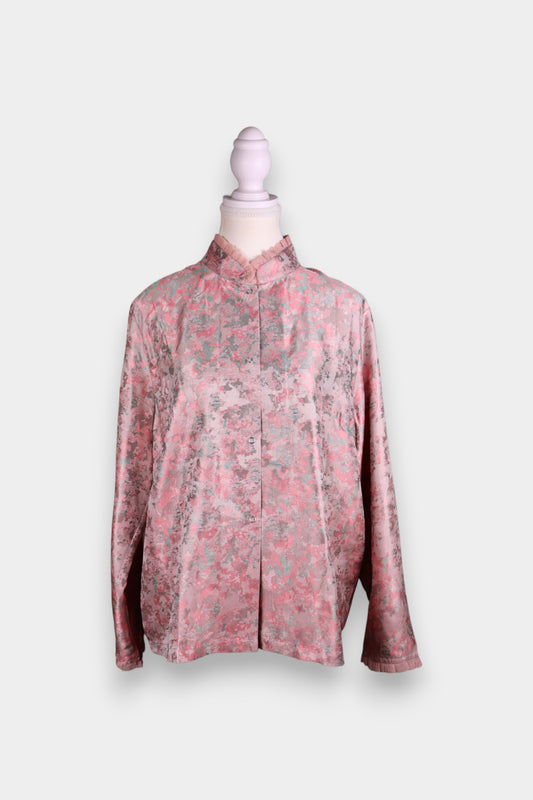 Handmade Song Dynasty Brocade Silk Blouse | Pink & Mint Floral Jacquard