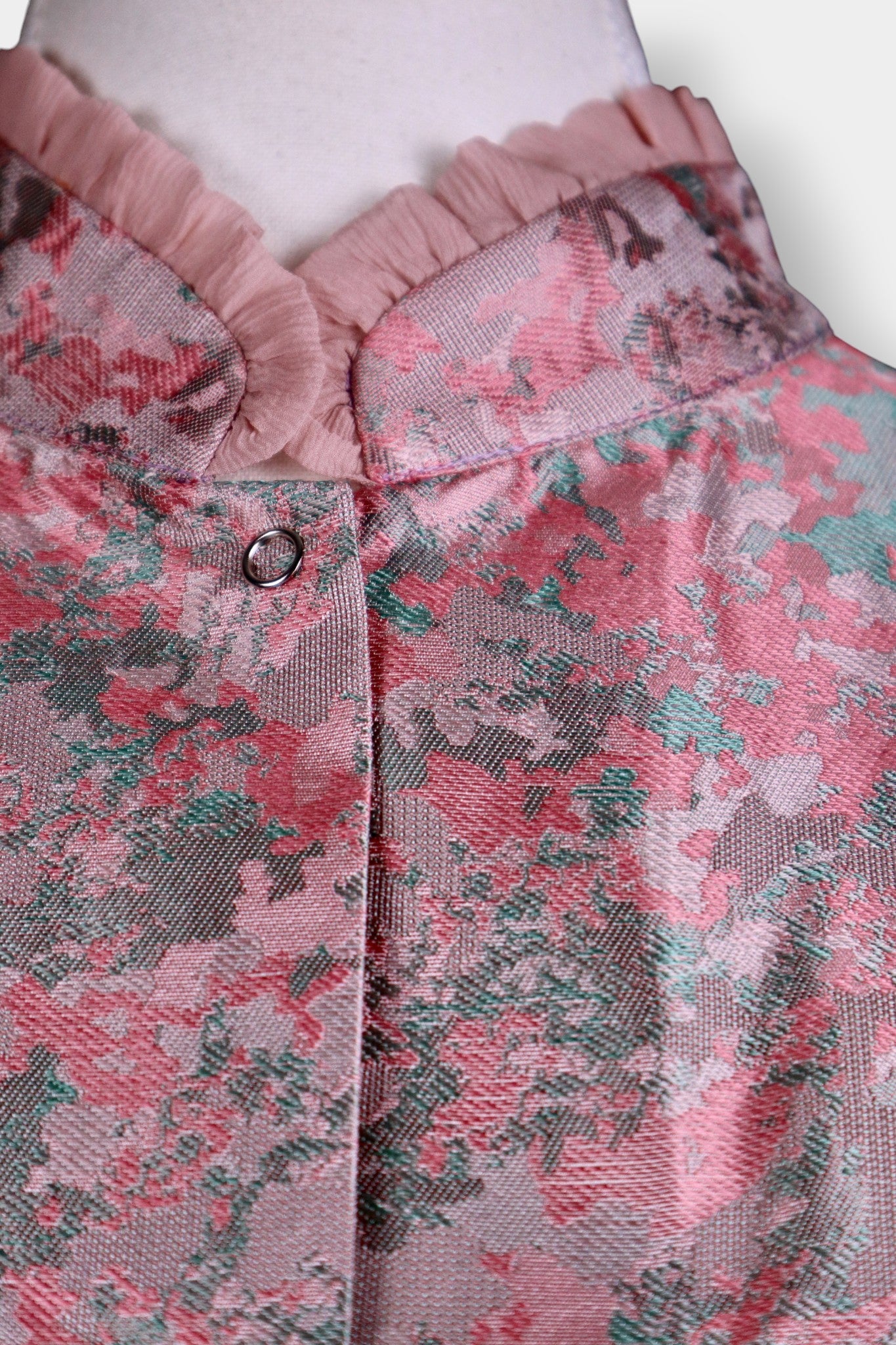 Handmade Song Dynasty Brocade Silk Blouse | Pink & Mint Floral Jacquard