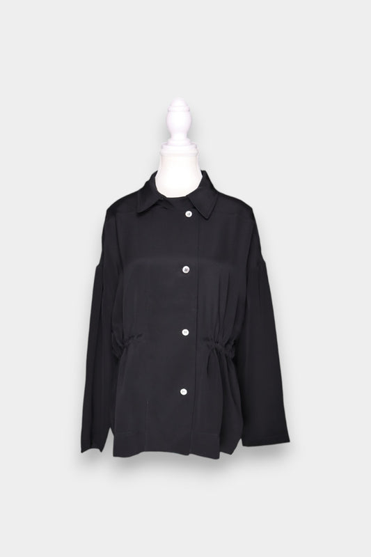 Black Mulberry Silk Drawstring Utility Jacket | Short Trench Shacket