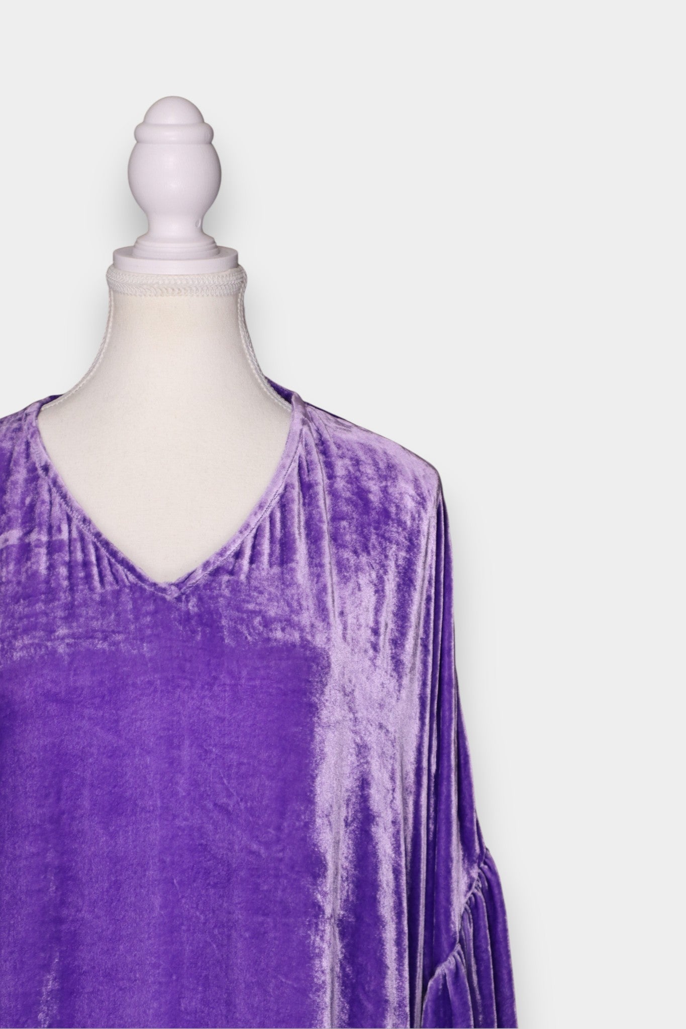 Handmade Purple Silk Velvet Dress | V-Neck Bell Sleeve
