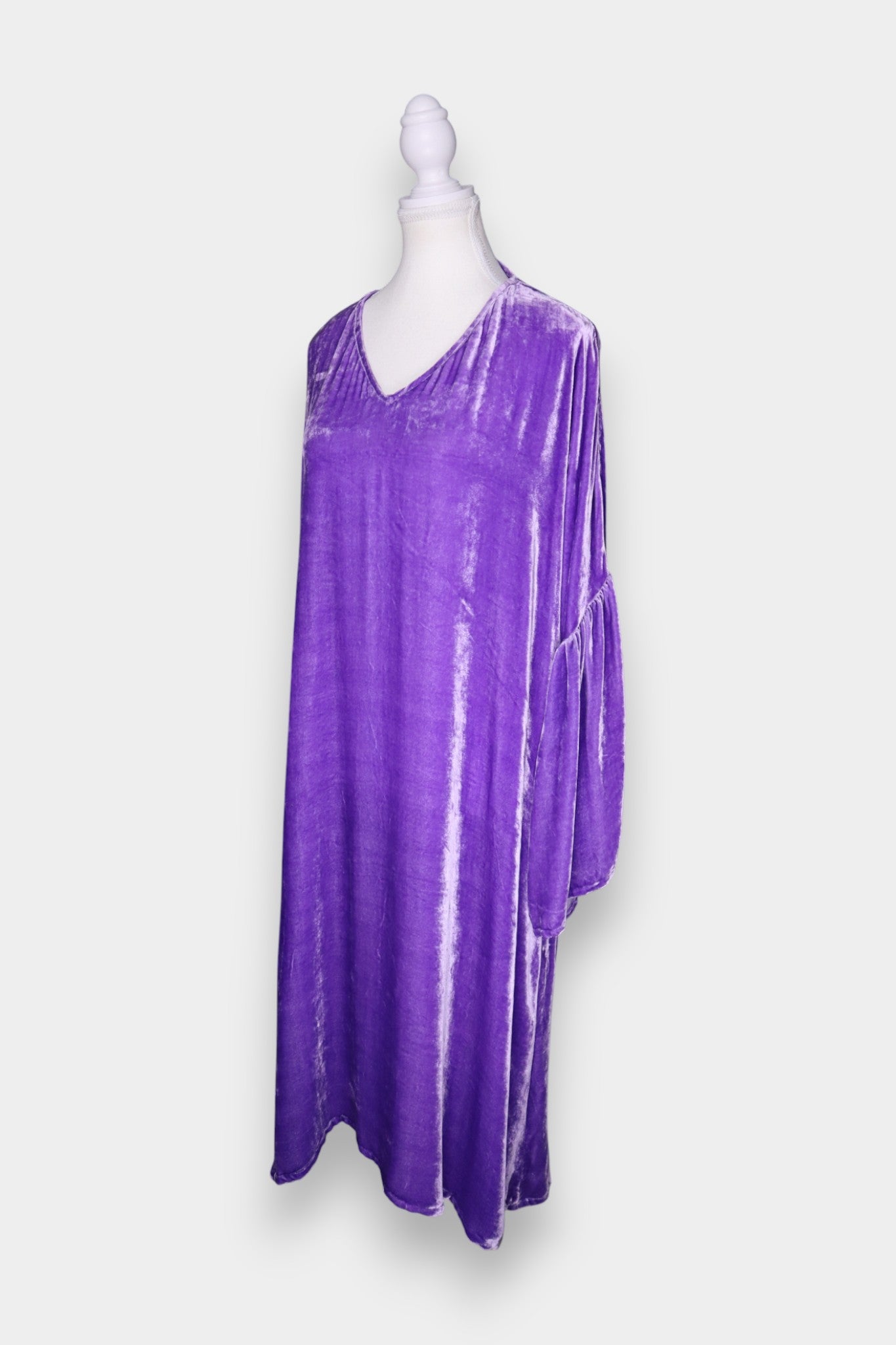 Handmade Purple Silk Velvet Dress | V-Neck Bell Sleeve