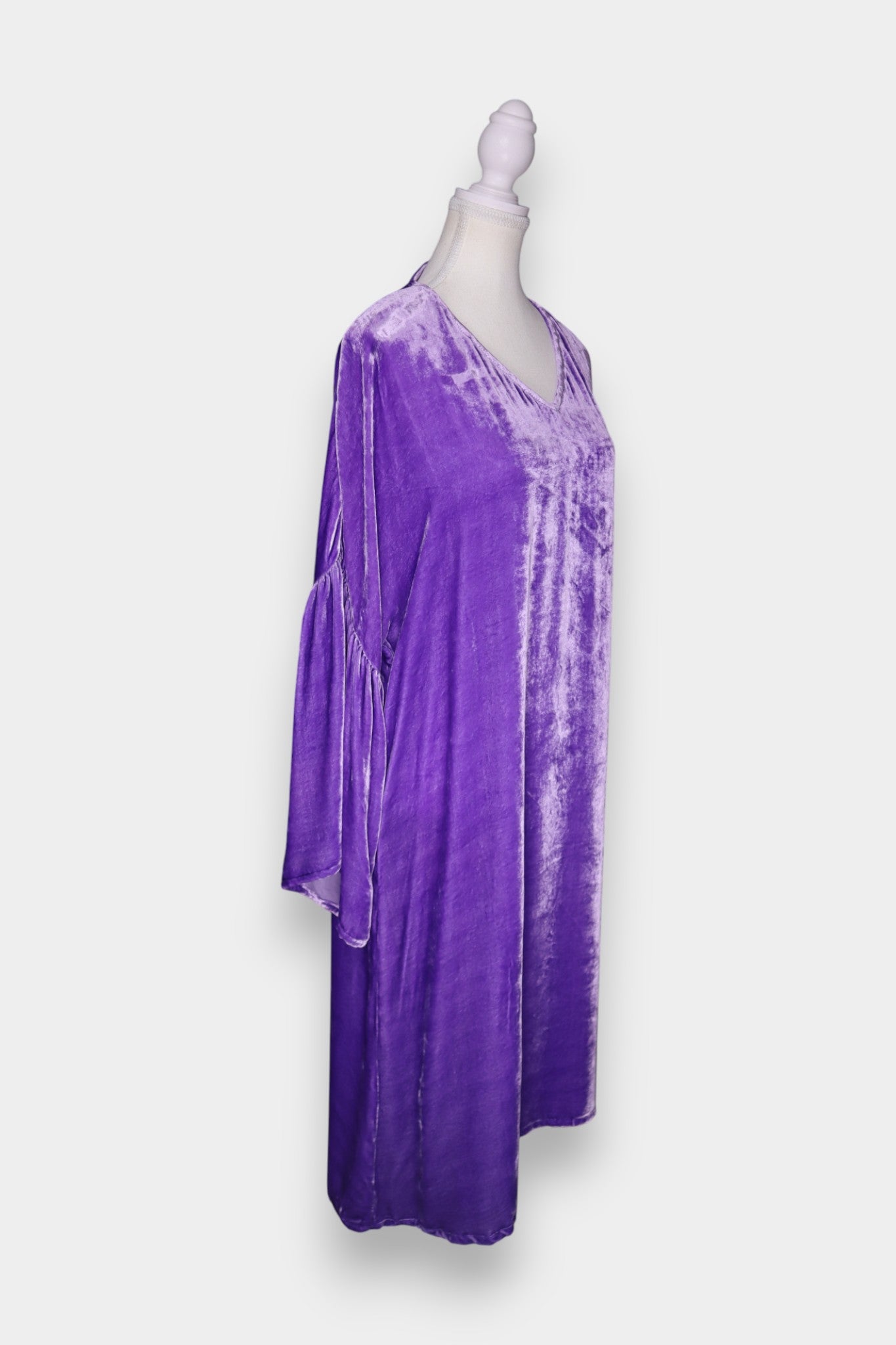 Handmade Purple Silk Velvet Dress | V-Neck Bell Sleeve