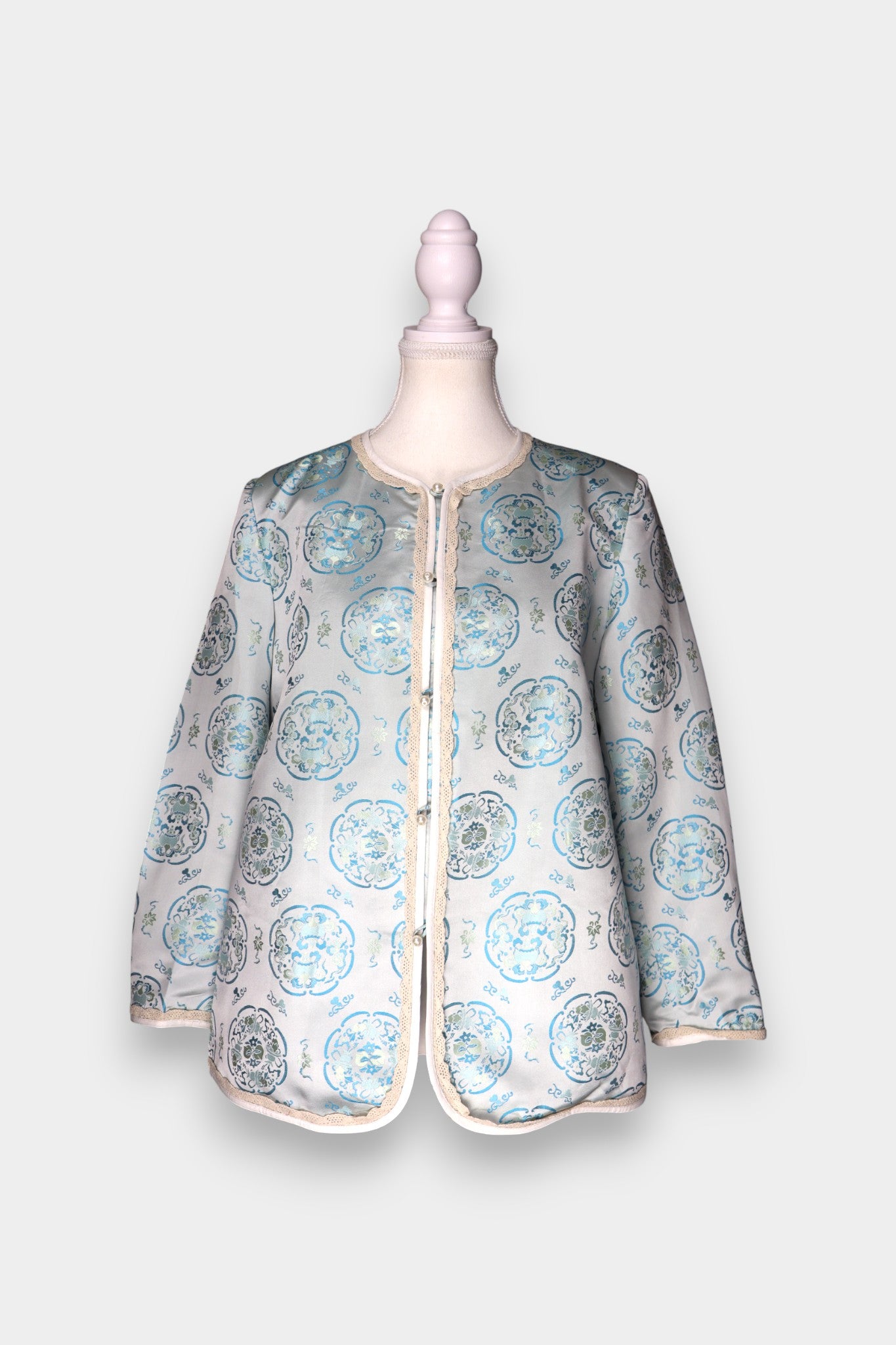 Handmade Song Dynasty Brocade Silk Jacket | Pale Blue Medallion Jacquard