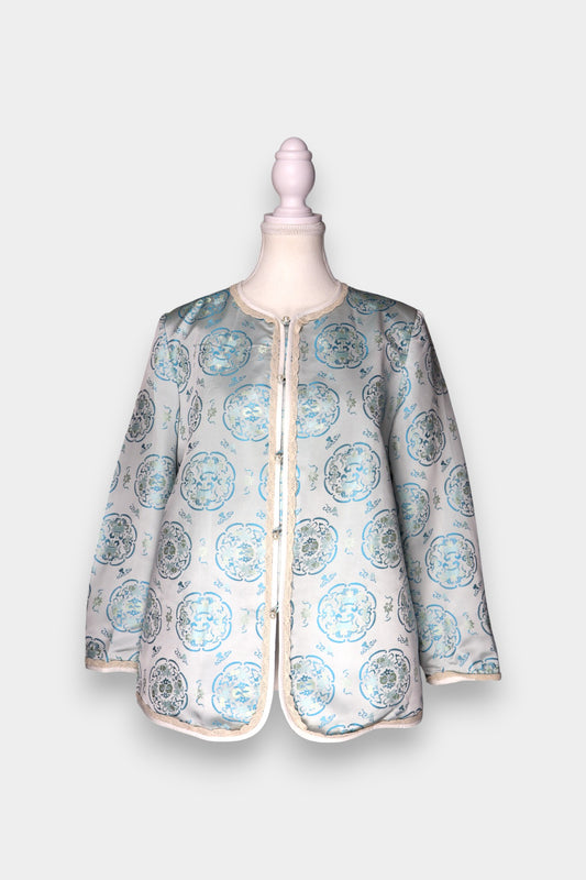 Handmade Song Dynasty Brocade Silk Jacket | Pale Blue Medallion Jacquard