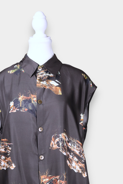 Mulberry Silk Forest Print Cap-Sleeve Shirt Dress