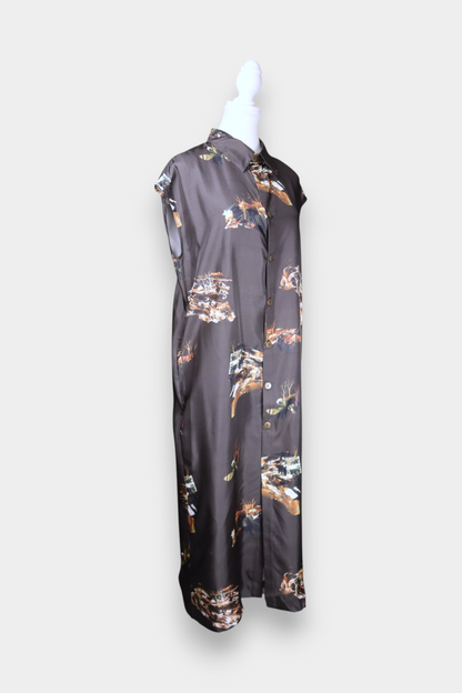 Mulberry Silk Forest Print Cap-Sleeve Shirt Dress