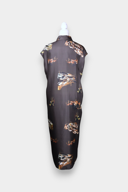 Mulberry Silk Forest Print Cap-Sleeve Shirt Dress