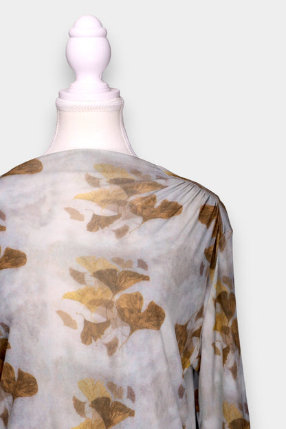 Mulberry Silk Ginkgo Print Boat Neck Blouse