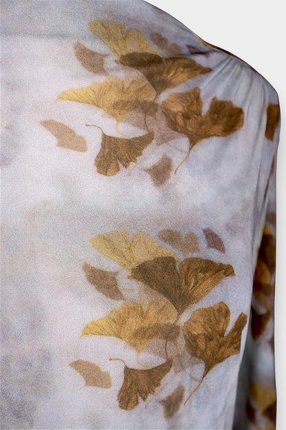 Mulberry Silk Ginkgo Print Boat Neck Blouse