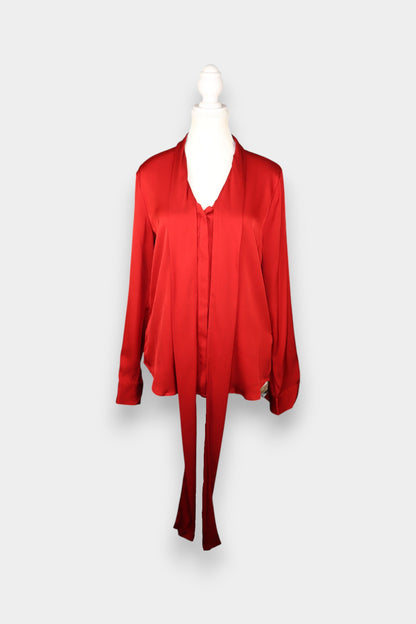 Mulberry Silk Satin Tie-Neck Blouse