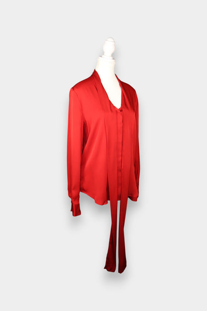 Mulberry Silk Satin Tie-Neck Blouse