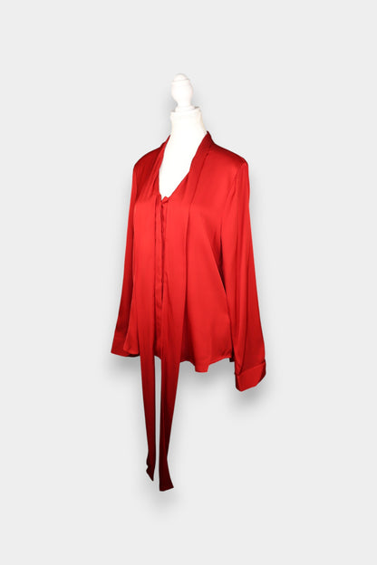 Mulberry Silk Satin Tie-Neck Blouse