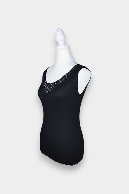 Mulberry Silk & Cotton Blend Ribbed Tank Top with Lace
