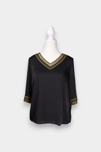 Mulberry Silk Embroidered V-Neck Blouse