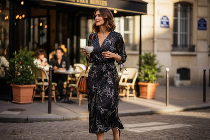 Women's black Gambiered Guangdong Gauze wrap dress with white bamboo leaf print and tie-cuff sleeves.