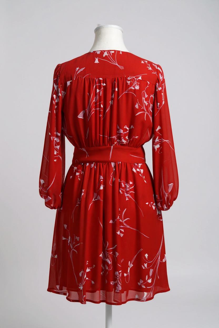 Women's red silk dress with white floral print, featuring a V-neck, wide waistband, and long sheer sleeves